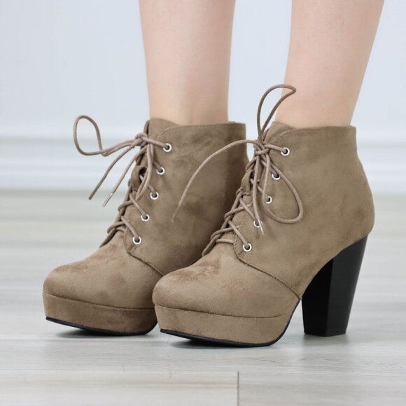 Womens Ankle Boots Lace Up Block Heel Booties Taupe Brown Suede - Picture 8 of 11